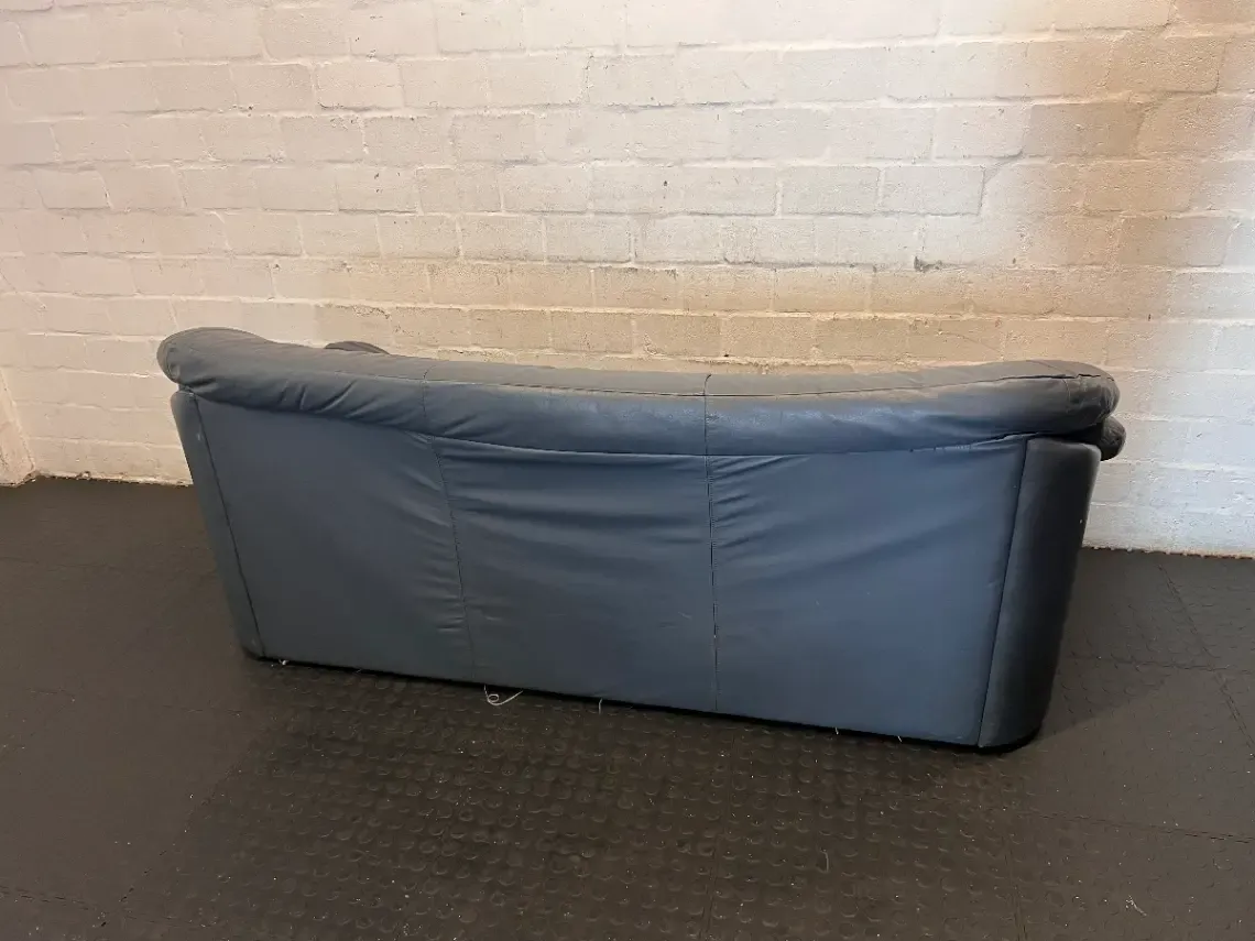 3-Seater Dark Blue Leather Couch - Needs Repair (Significant Tear) - 2ndhandwarehouse.com
