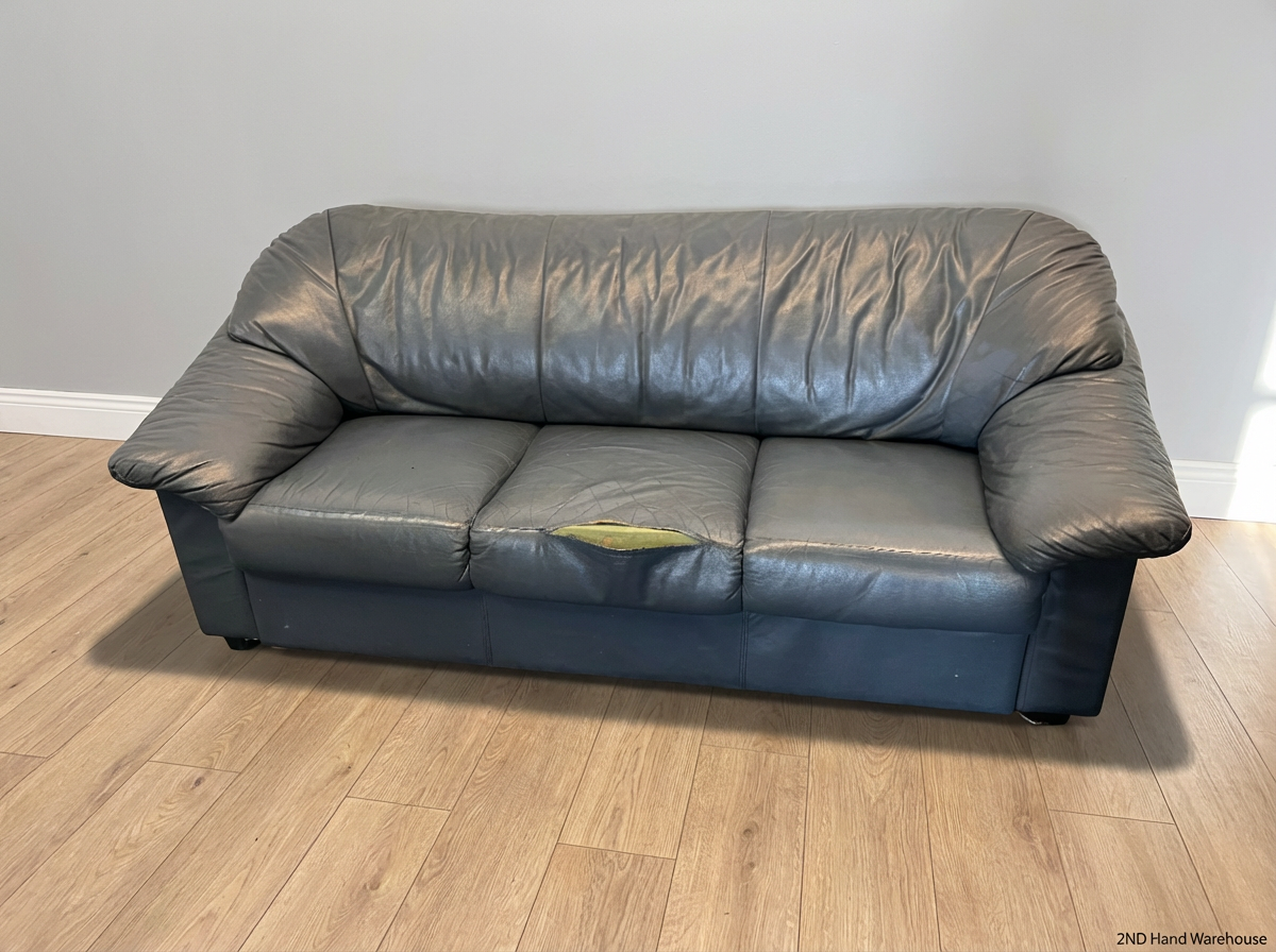 3-Seater Dark Blue Leather Couch - Needs Repair (Significant Tear) - 2ndhandwarehouse.com