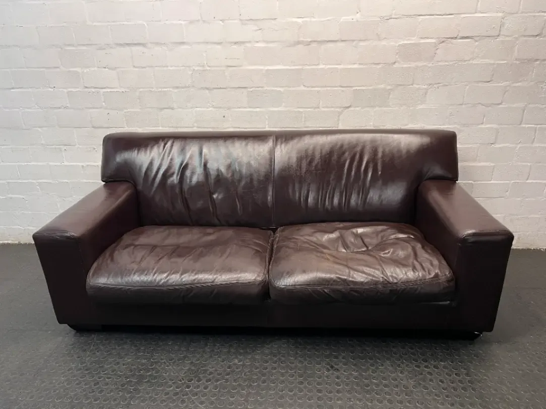 3 Seater Dark Brown Leather Couch with Squared Armrests — Well Used with Visible Wear and Sagging