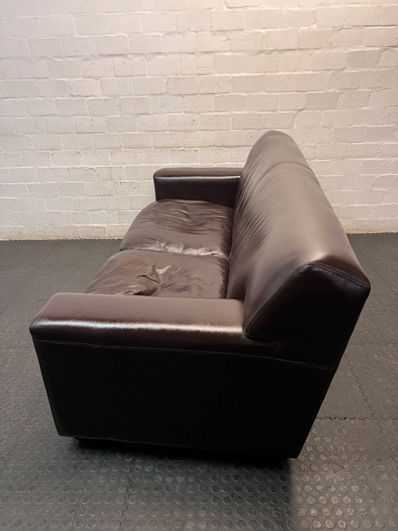 3 Seater Dark Brown Leather Couch with Squared Armrests — Well Used with Visible Wear and Sagging