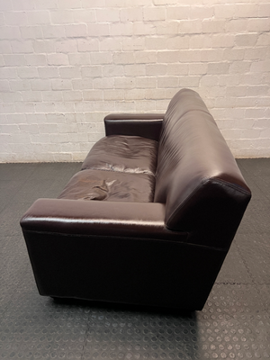 3 Seater Dark Brown Leather Couch with Squared Armrests — Well Used with Visible Wear and Sagging