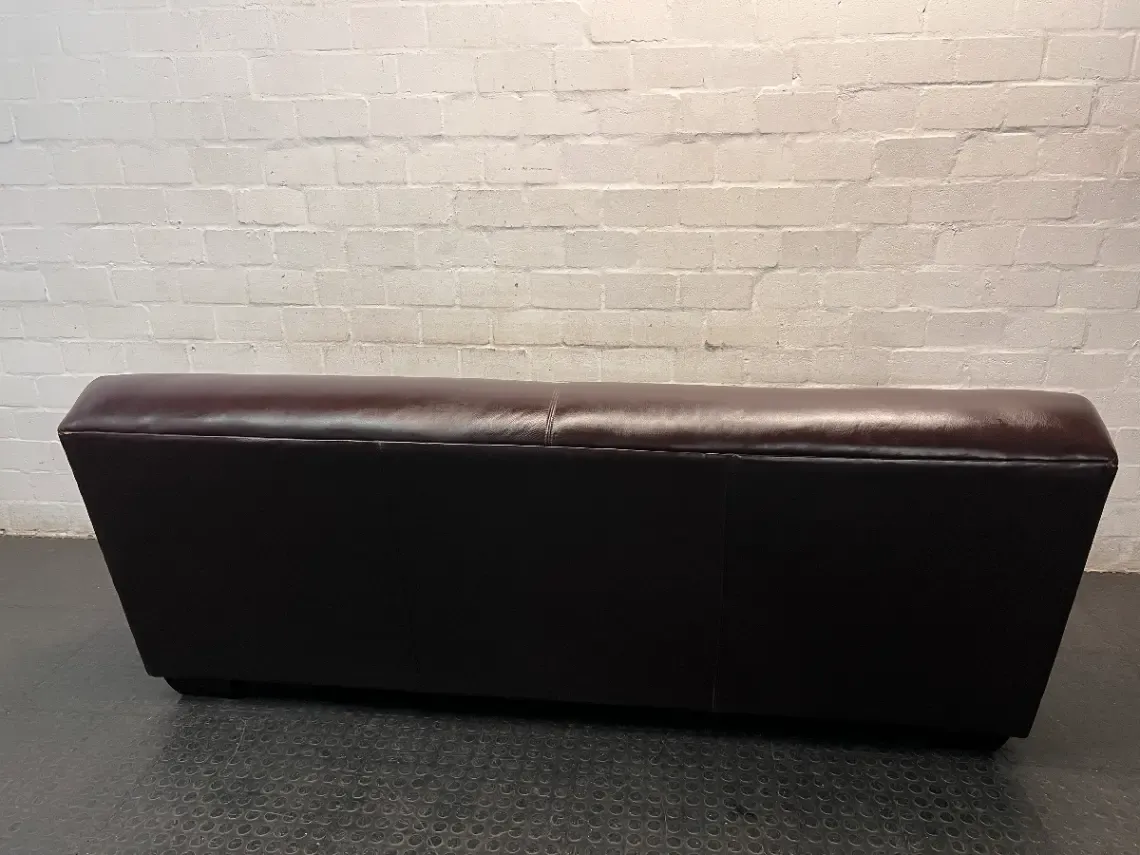 3 Seater Dark Brown Leather Couch with Squared Armrests — Well Used with Visible Wear and Sagging