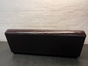 3 Seater Dark Brown Leather Couch with Squared Armrests — Well Used with Visible Wear and Sagging