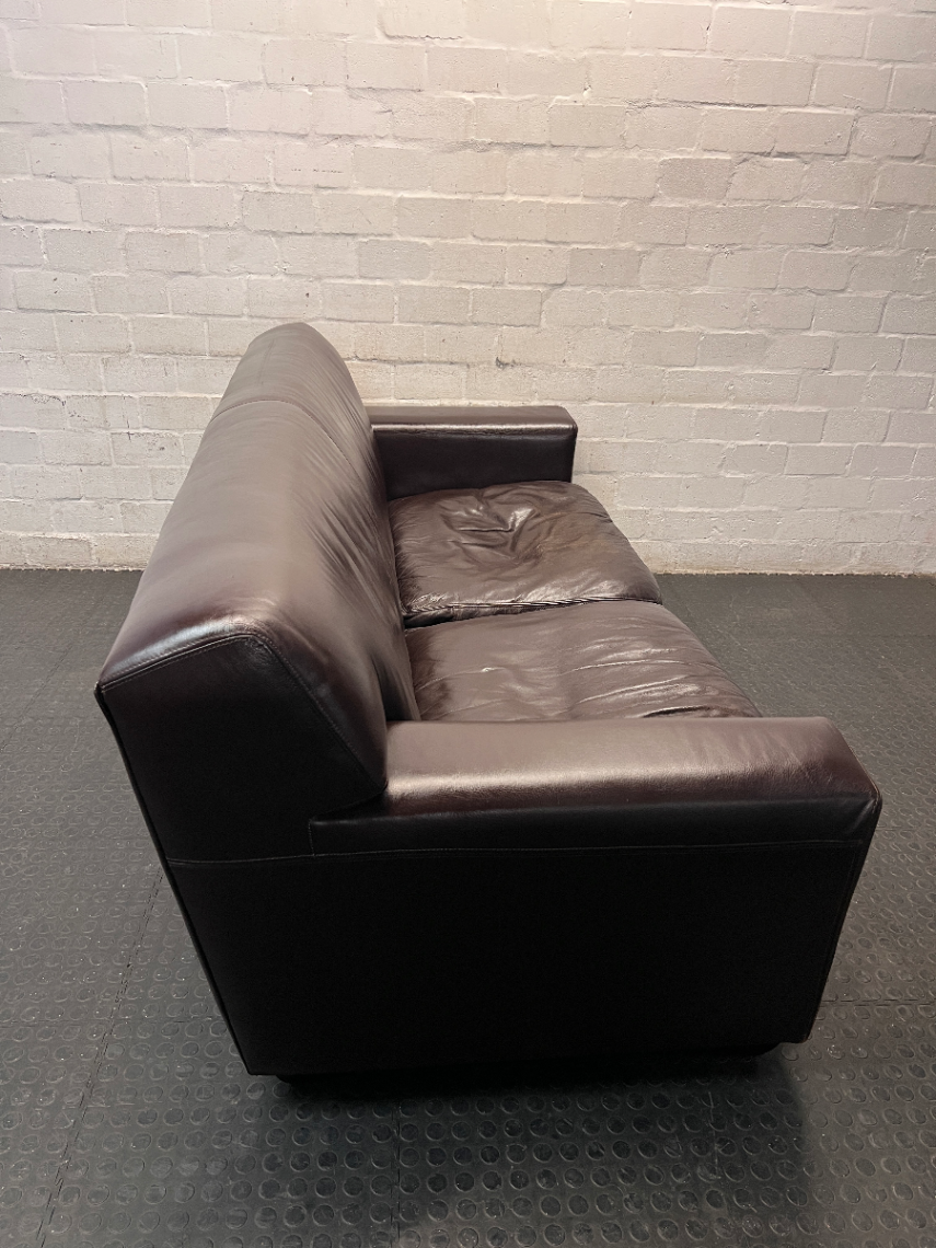 3 Seater Dark Brown Leather Couch with Squared Armrests — Well Used with Visible Wear and Sagging