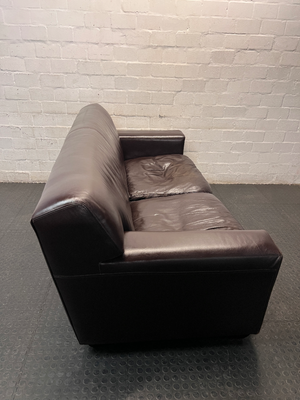 3 Seater Dark Brown Leather Couch with Squared Armrests — Well Used with Visible Wear and Sagging