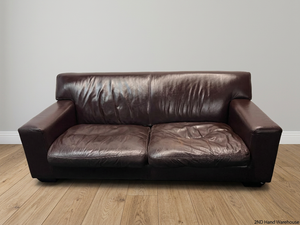 3 Seater Dark Brown Leather Couch with Squared Armrests — Well Used with Visible Wear and Sagging