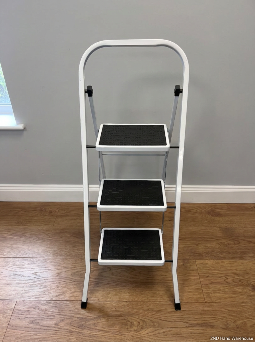3 Tier Folding Step Ladder - White & Black Metal - 2ndhandwarehouse.com