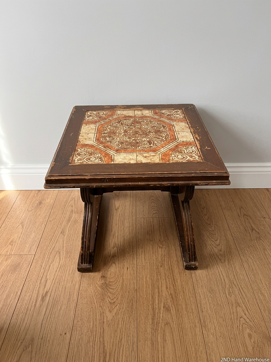 Vintage-Style Tiled Top Wooden Side Table — Significant Surface Wear and Scuffing