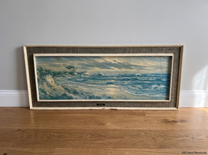 Vintage Seascape Painting with Hessian Border Frame — Stains on Canvas and Chipped Frame - 2ndhandwarehouse.com