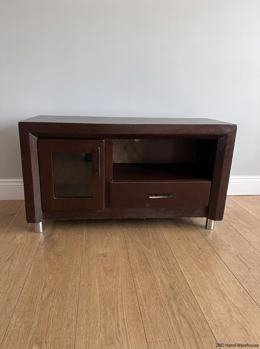 Compact Brown Wood TV Unit with Glass Door and Drawer — Good Working Order