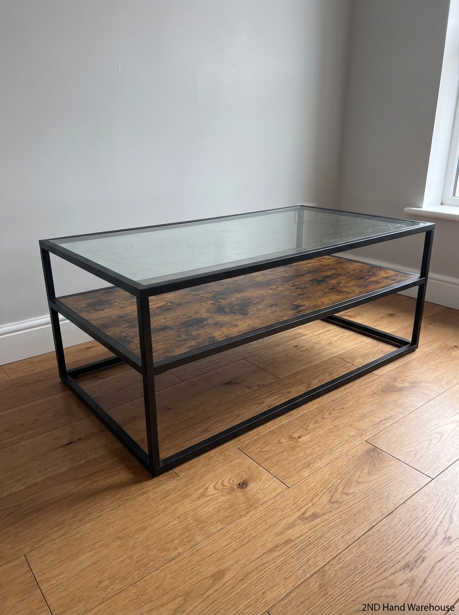Bragg Industrial Glass & Metal Coffee Table - Used, Fair Condition