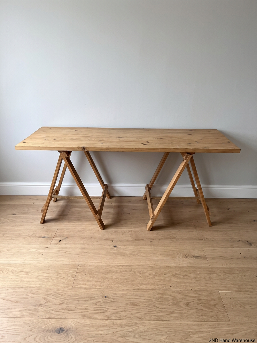 Practical Pine Wood Trestle Table — Used; Fair Condition