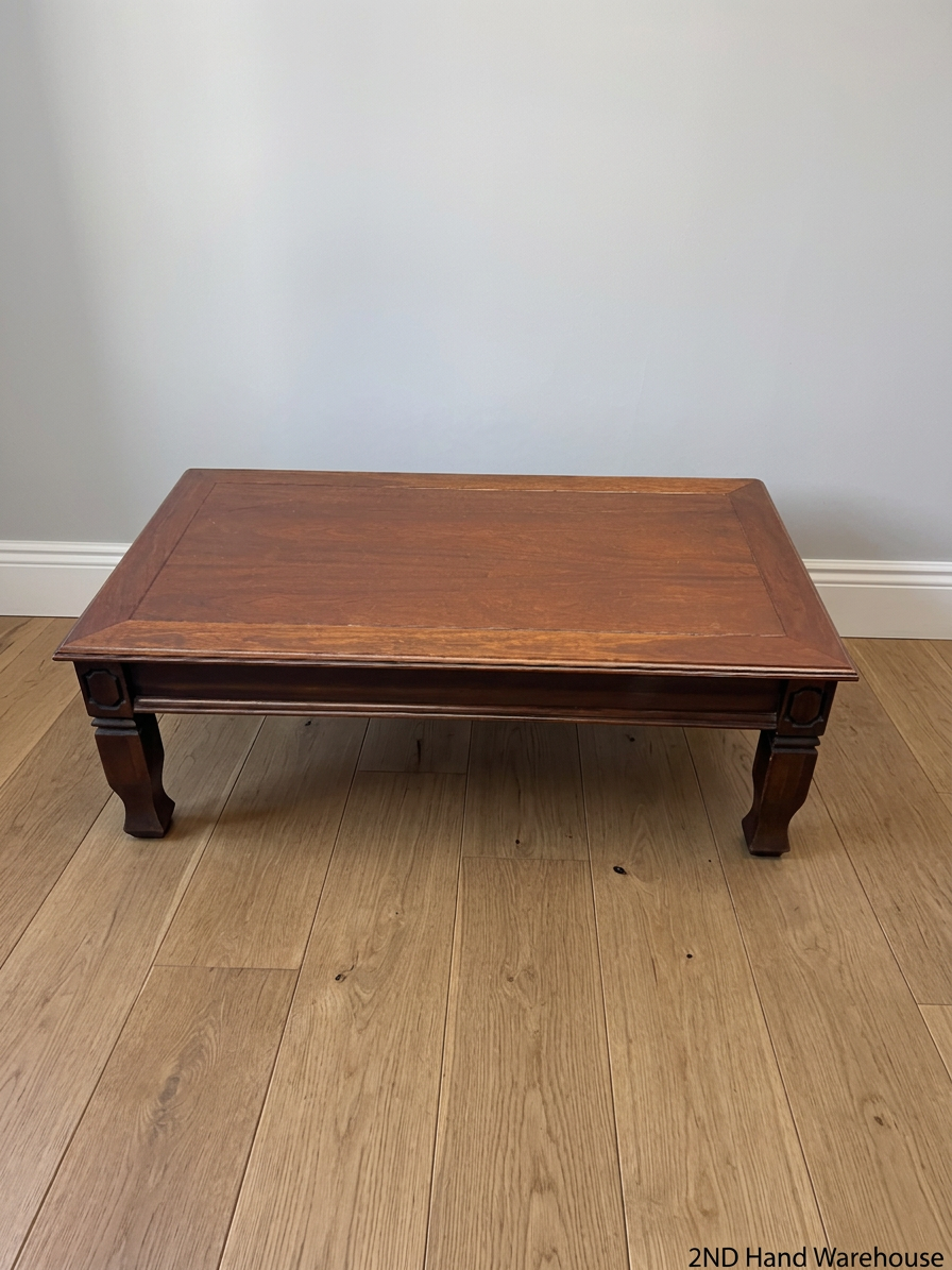 Classic Rectangular Wooden Coffee Table with Carved Legs — Fair Used Condition with Surface Wear