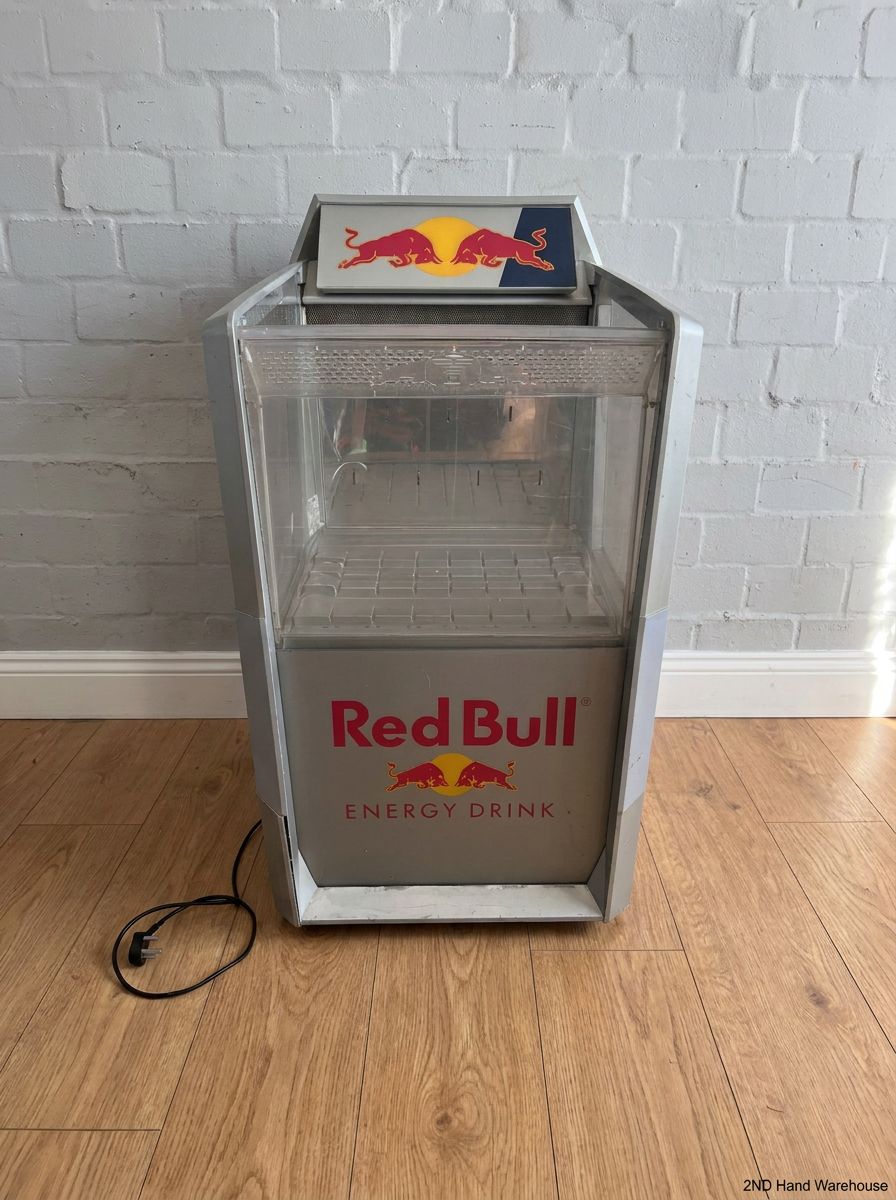 Red Bull Branded Silver Floor Standing Display Fridge — Functional with Audible Noise During O - 2ndhandwarehouse.com
