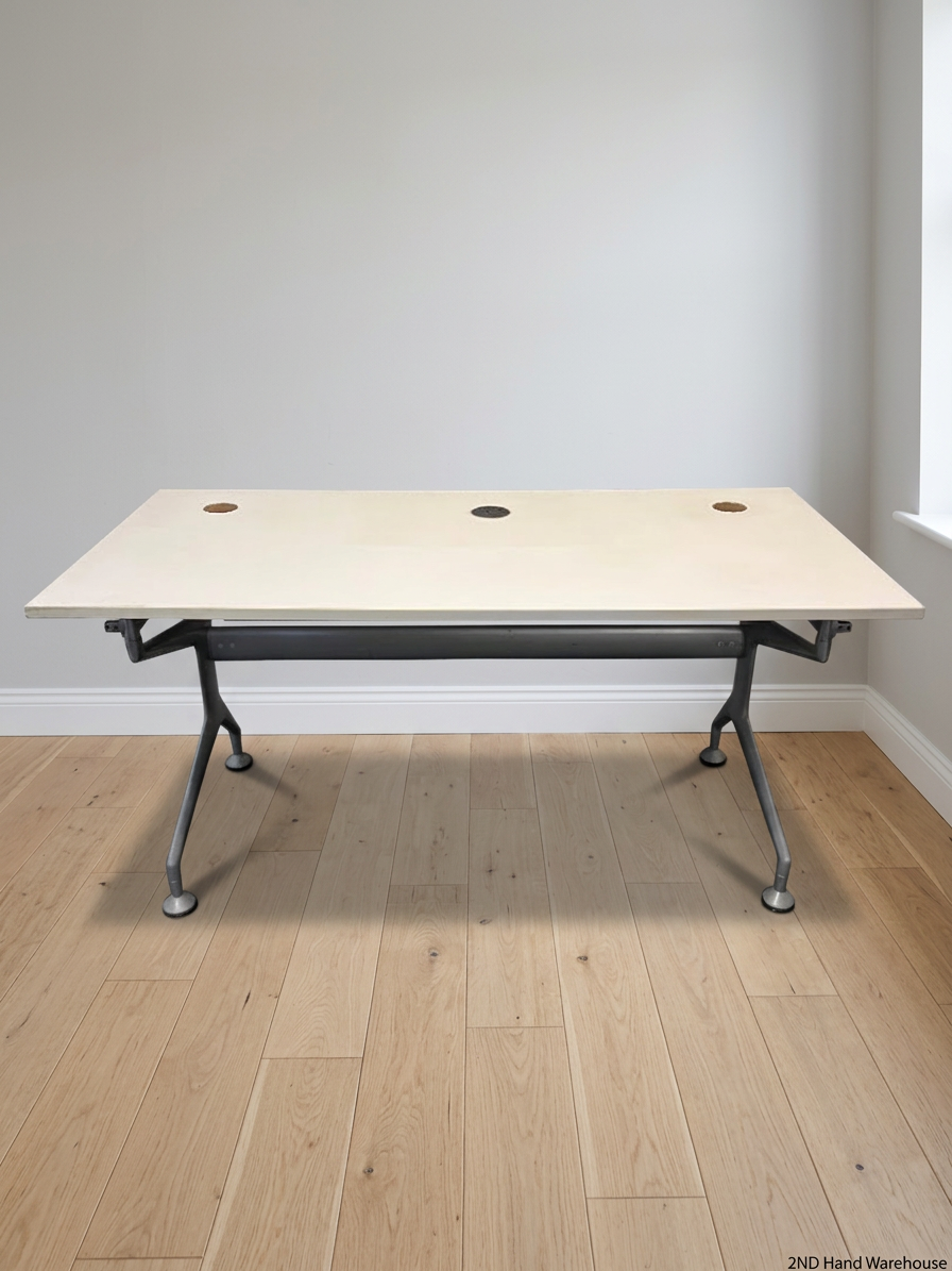 Modern White Office Desk with Grey Metal Base — Good Working Order