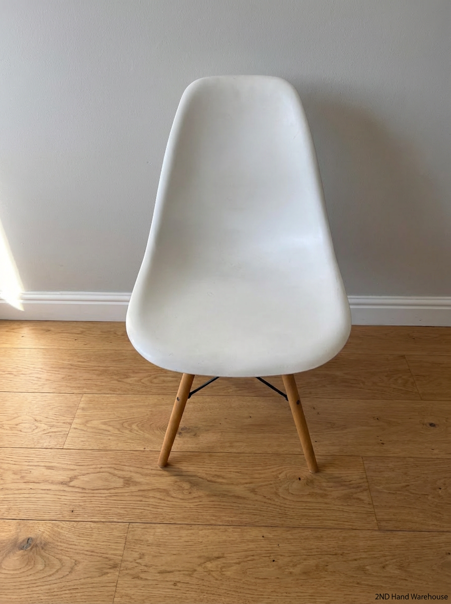White Eames Style Dining Chair with Timber Base - Good Condition