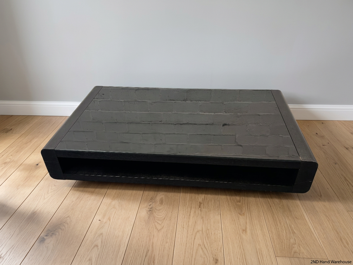 Black Low-Profile Coffee Table with Glass Top — Good Working Order