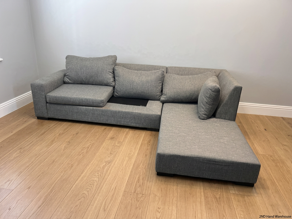 Grey Textured Fabric L-Shape Couch with Chaise — Missing Seat Cushion