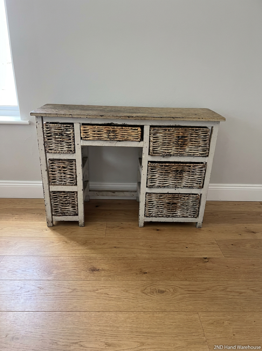 Distressed White Sideboard with Wicker Basket Drawers — Average Condition with Surface W - 2ndhandwarehouse.com