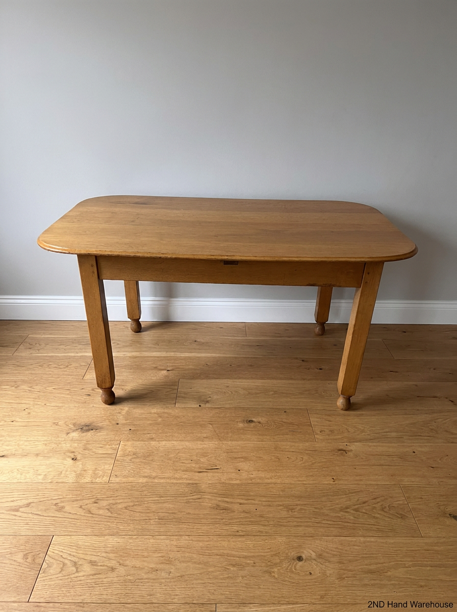 Wooden Dining Table with Rounded Corners and Bun Feet — Well Used with Scratches and Fading on Seats