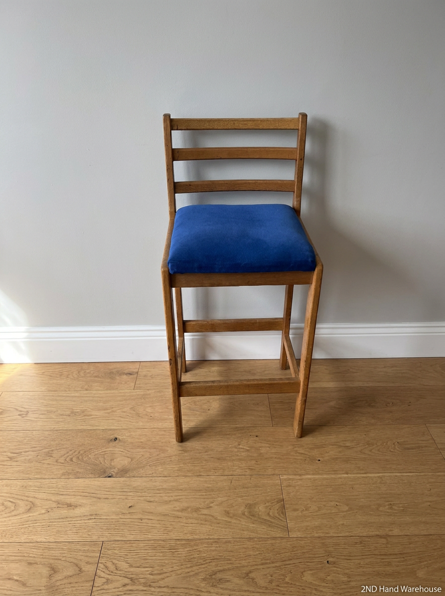 Ladder Back Wooden Bar Stool with Blue Padded Seat