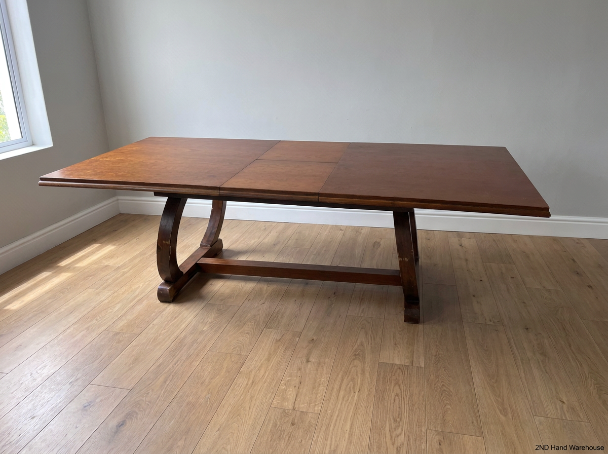 Brown Timber Dining Set with 6 Upholstered Chairs — Damaged Chair Seats and Stained Sideboard Top - 2ndhandwarehouse.com
