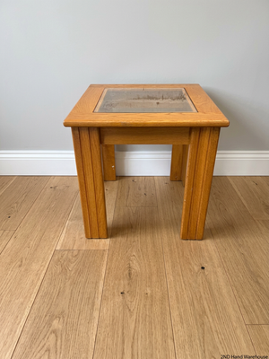 Oak-Toned Side Table with Inset Glass Top — Very Good Condition
