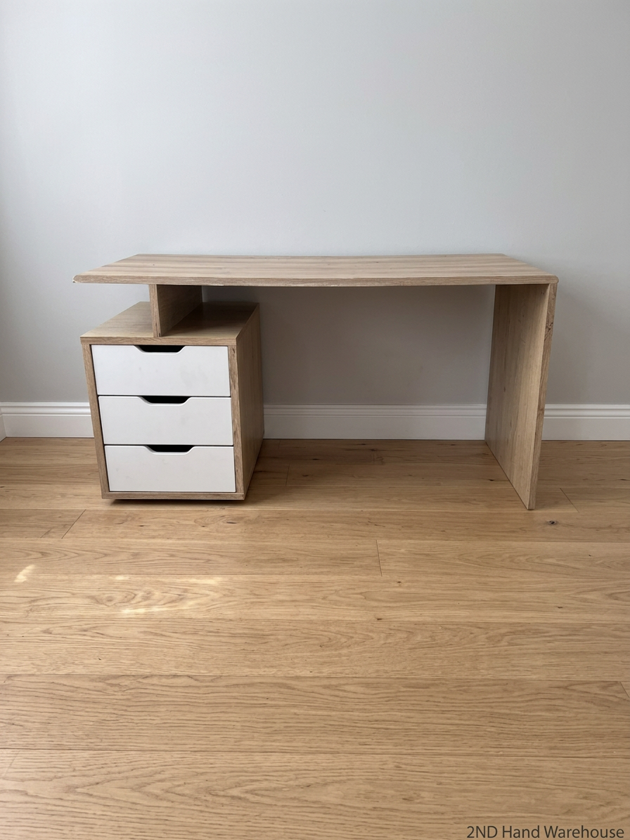 Modern Oak and White Office Desk with Drawers — Used; Fair Condition