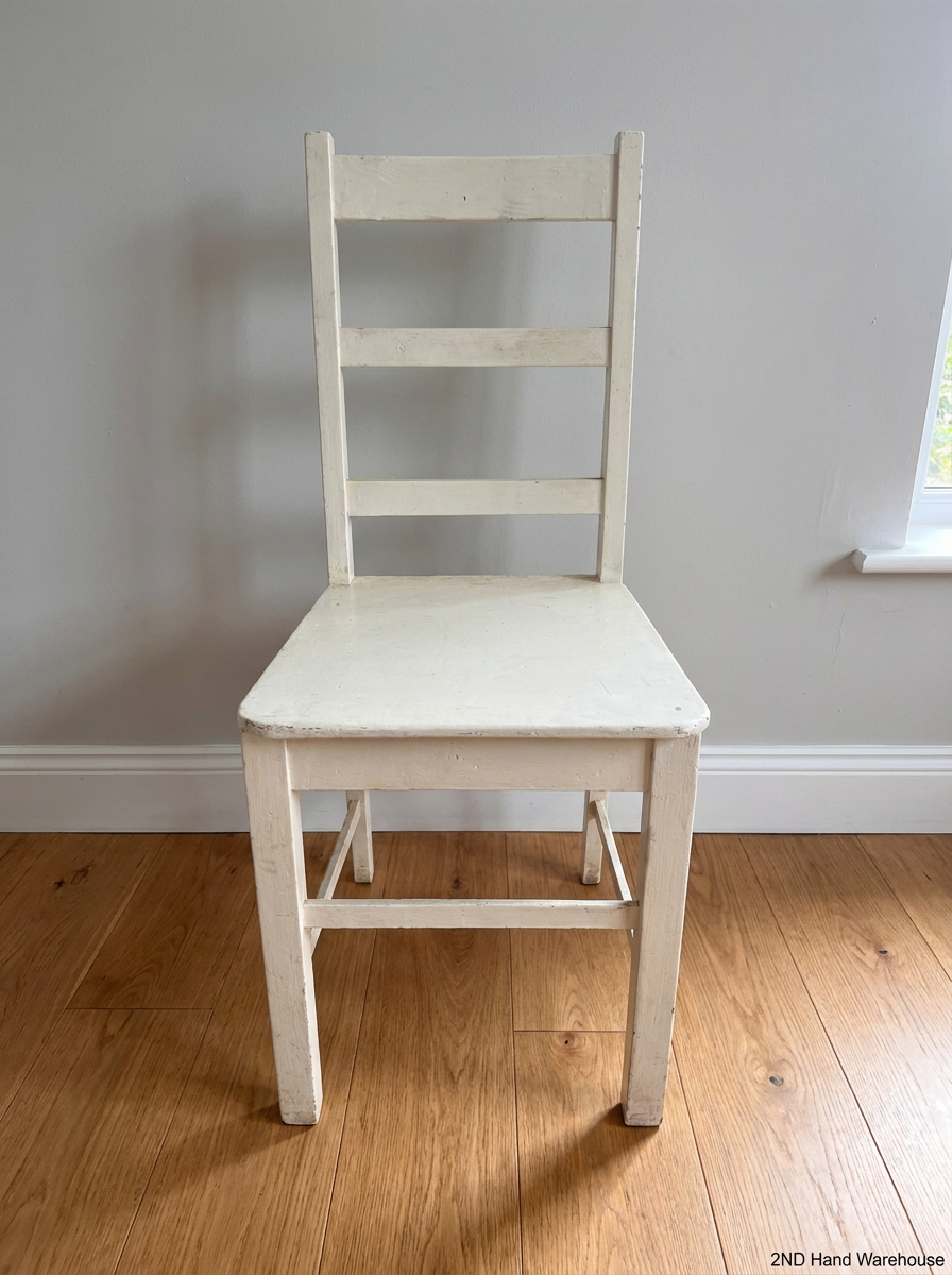 White Enamel Painted Pine Ladder-Back Dining Chair — Chipped Enamel Finish and Surface W