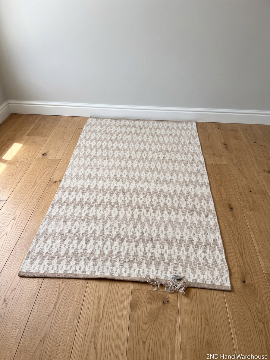 Beige Geometric Woven Area Rug — Well Used Condition
