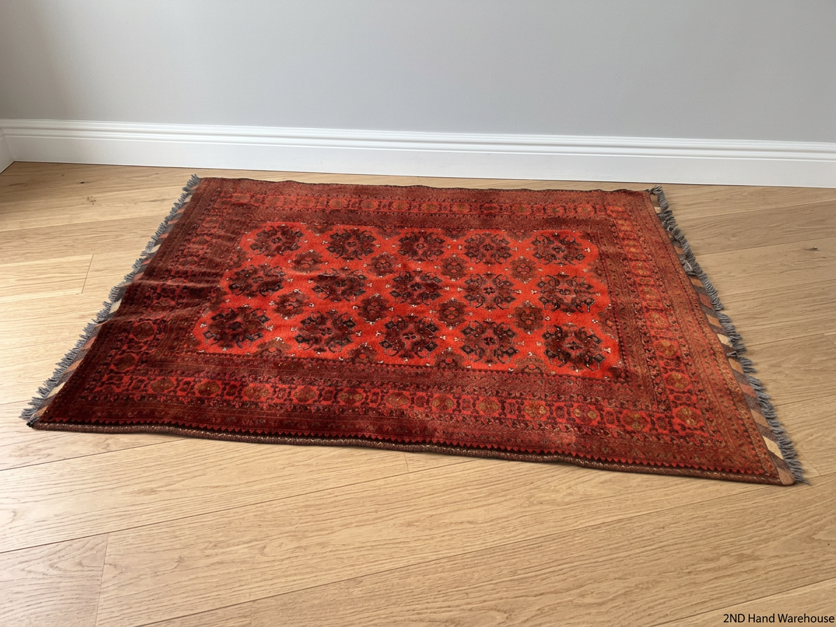 Intricate Red Persian Style Fringed Rug — Fair-Used Condition