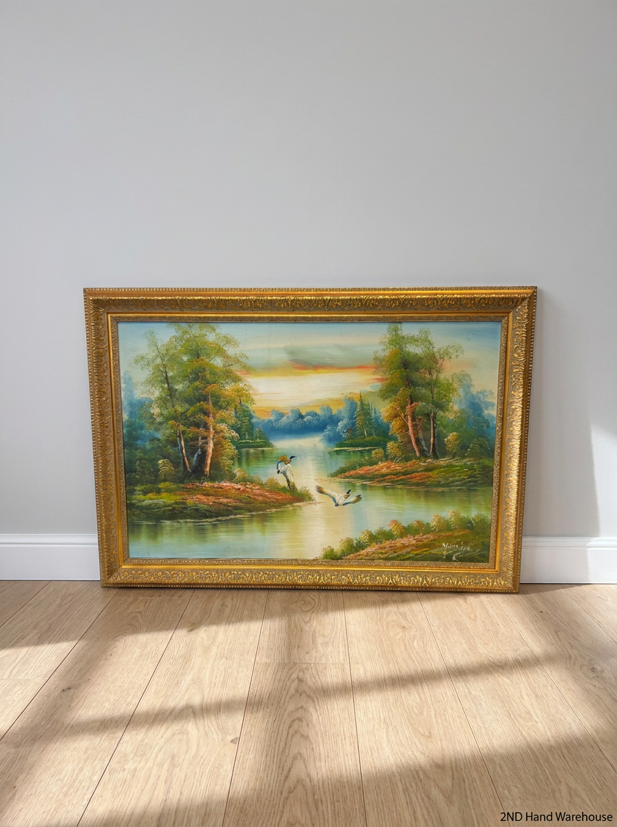 Ornate Framed Scenic River Landscape Painting — Good Condition - 2ndhandwarehouse.com