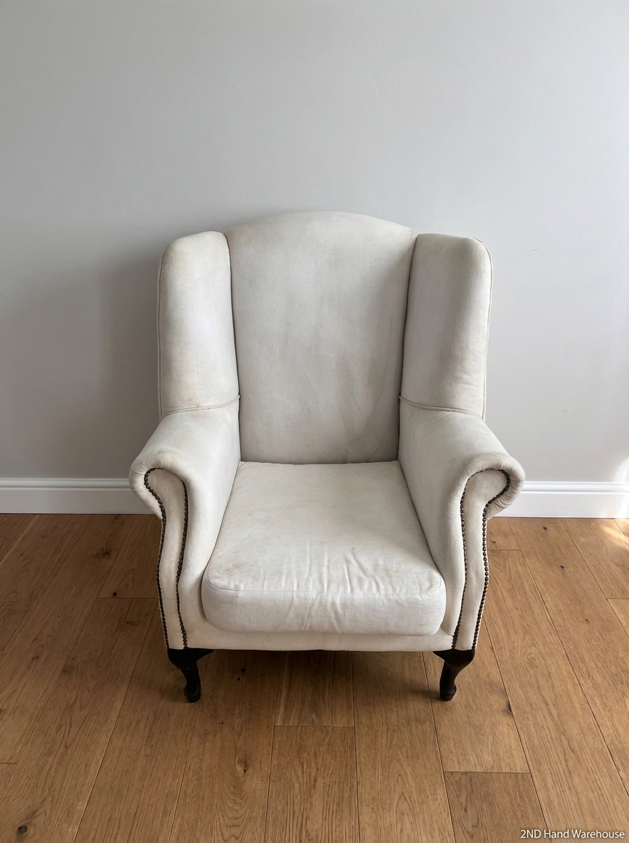 Classic White Upholstered Wingback Chair with Stud Detail