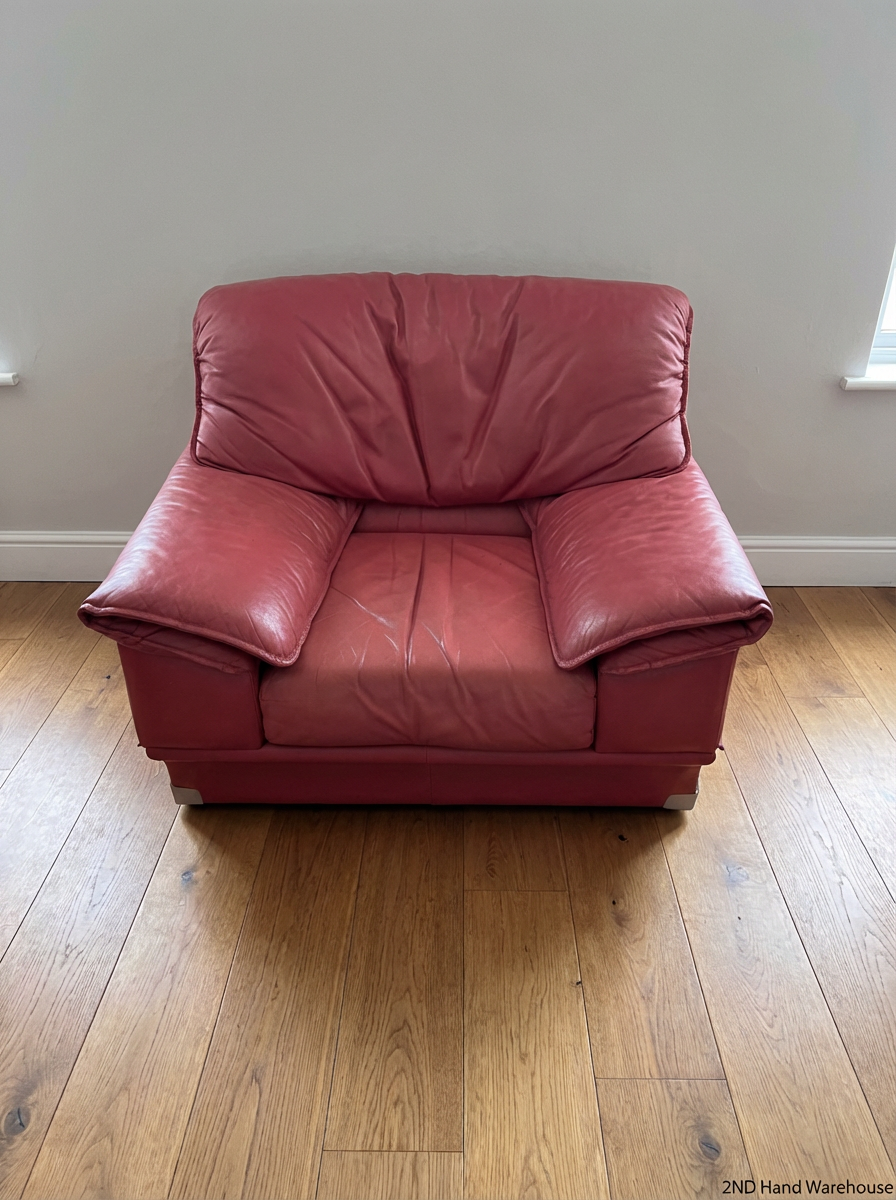 Pinkish-Red Leather 1 Seater Couch - Visible Wear - 2ndhandwarehouse.com