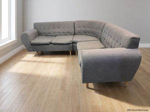 Grey Fabric Tufted L-Shape Couch — Worn Seating Cushions and Skew Feet - 2ndhandwarehouse.com