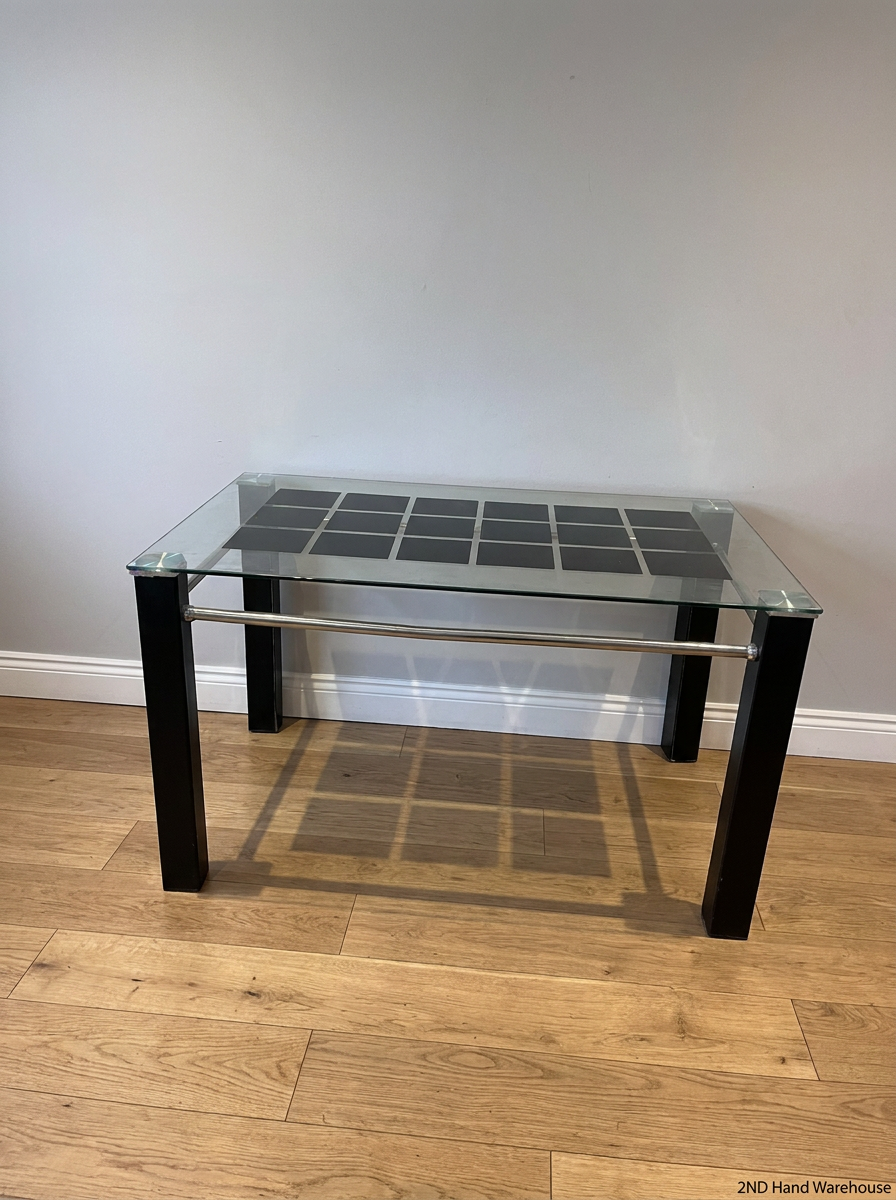 Glass Dining Table with Dark Inlay and Chrome Accents