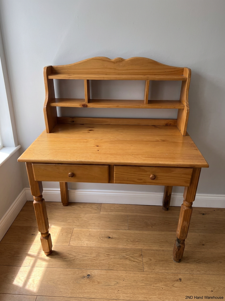Wooden Study Desk with Display Hutch and Drawers — Fair Condition with Visible Wear