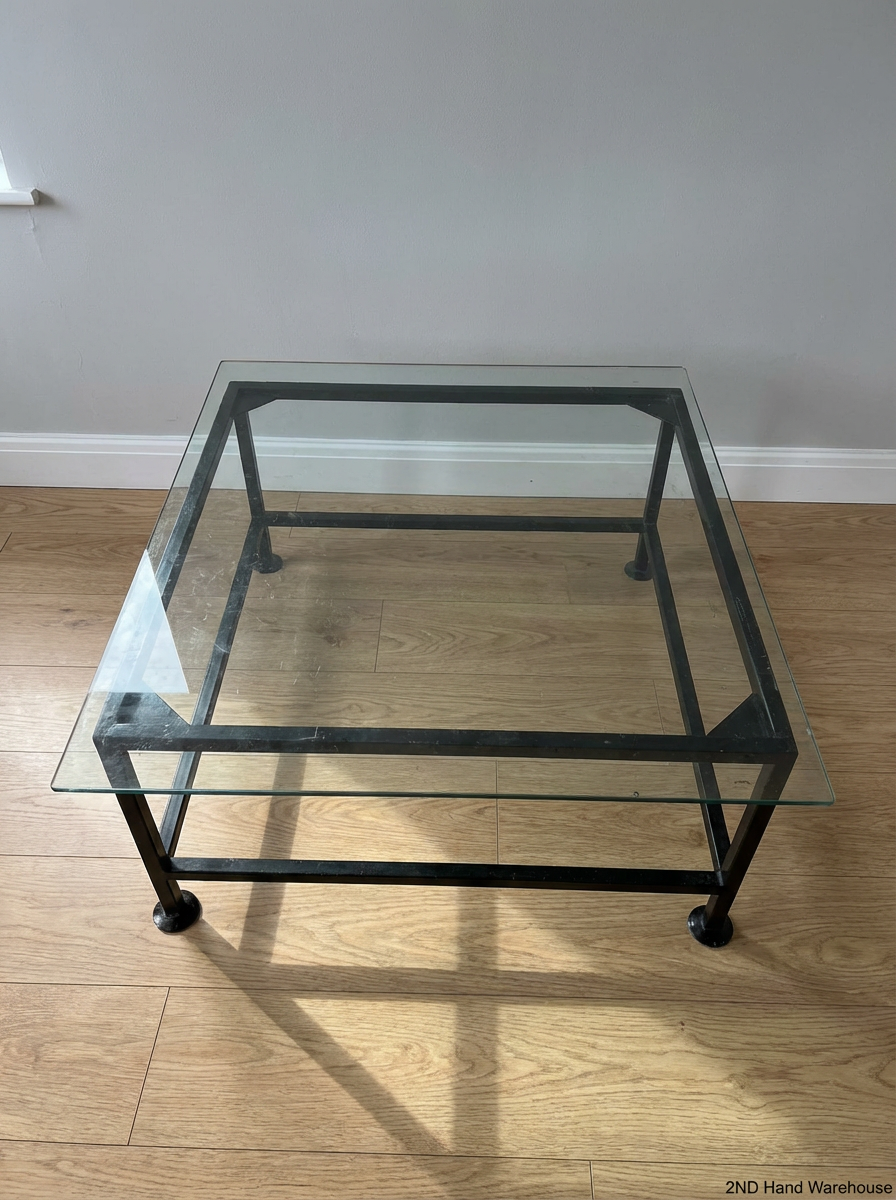 Modern Industrial Tempered Glass Coffee Table - Black Metal Frame