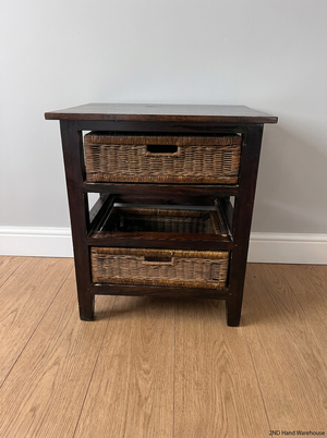 Dark Wood Bedside Pedestal with Wicker Baskets - 2ndhandwarehouse.com