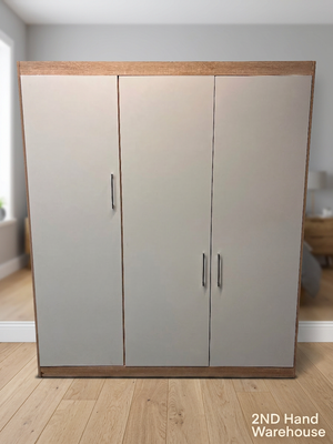 3-Door White and Light Wood Wardrobe — Good Profile and Condition