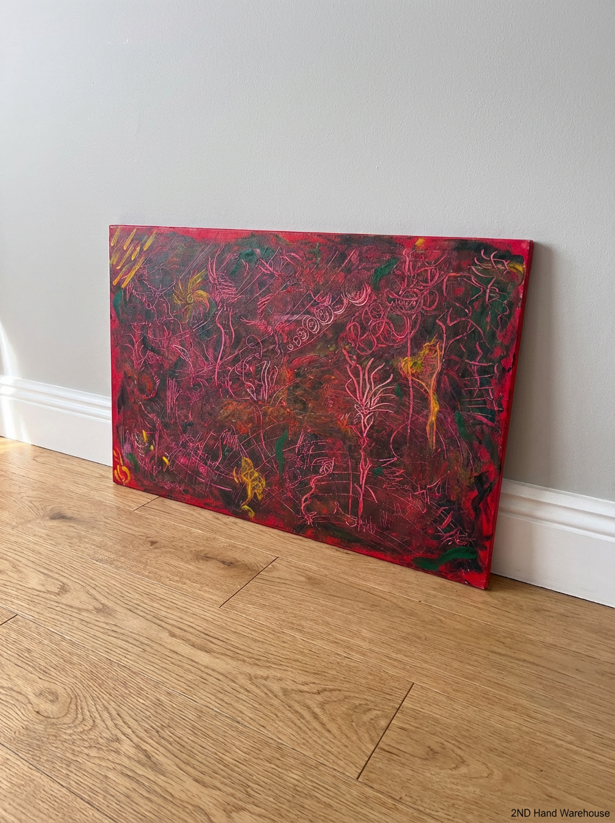 Vibrant Red Abstract Expressionist Canvas Wall Art (76cm x 51cm) - 2ndhandwarehouse.com
