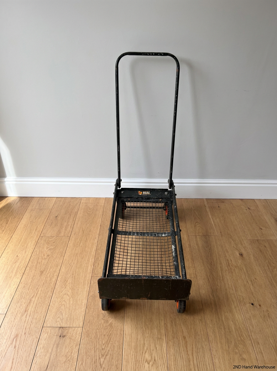 Black Metal Platform Trolley with Mesh Base — Fair Used Condition with Visible Wear