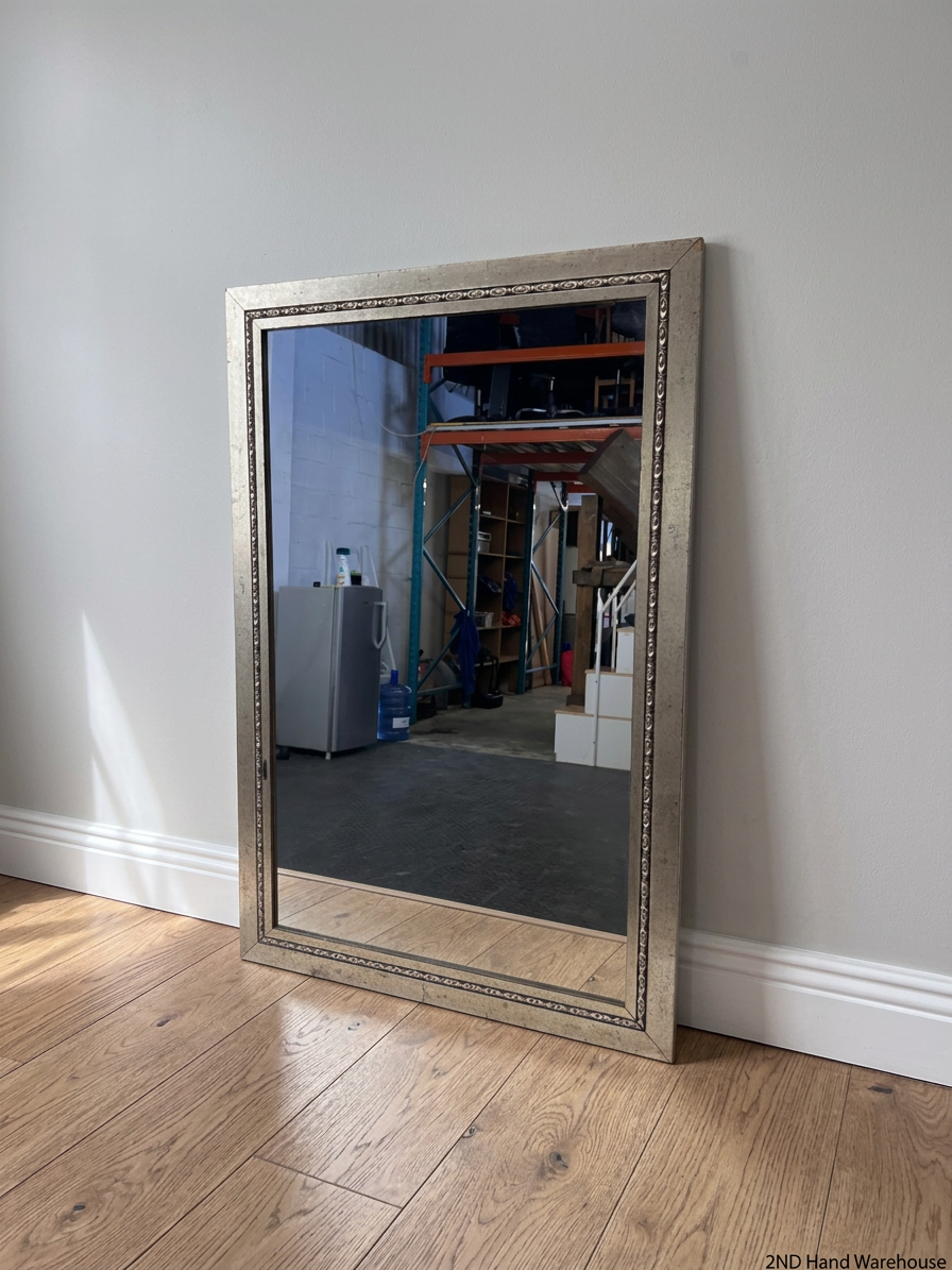 Rectangular Silver-Toned Mirror with Ornate Frame Detail