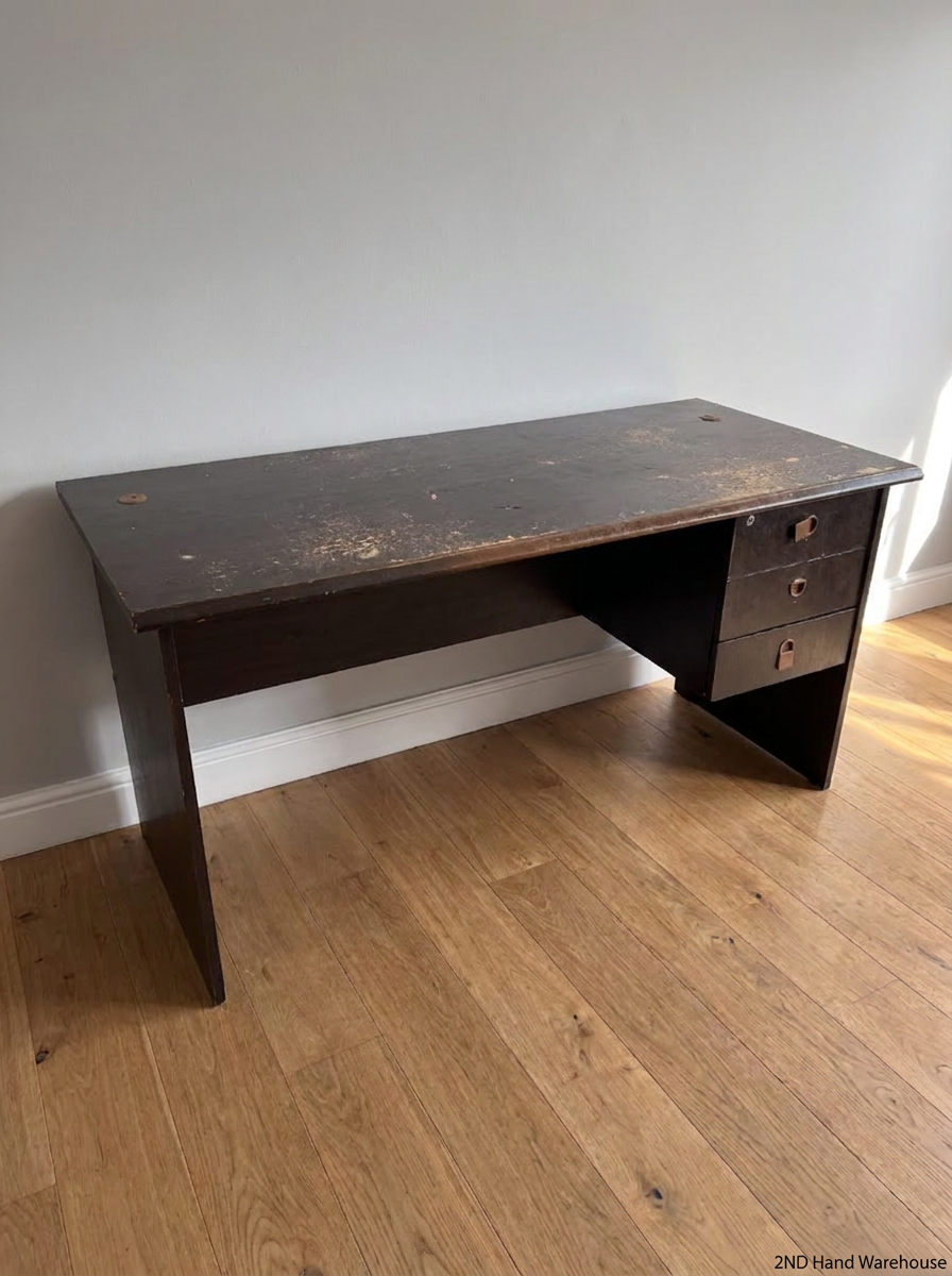 Dark Wood-Look Office Desk with 3 Drawers — Damaged Wood Surface
