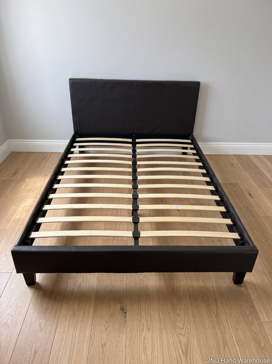 Dark Faux Leather Double Bed Frame with Slats