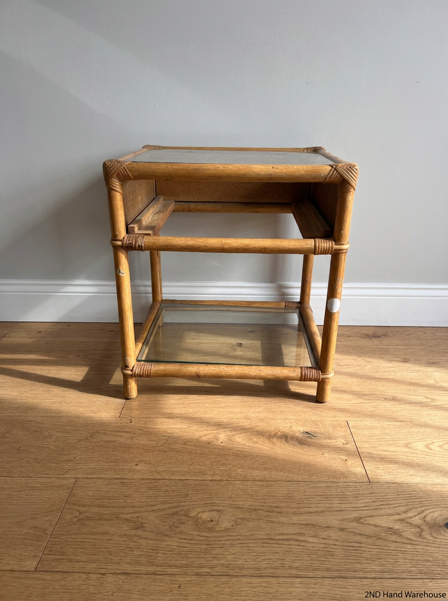 Bamboo Style Side Table with Glass Shelves — Fair Condition - Missing Drawer - 2ndhandwarehouse.com