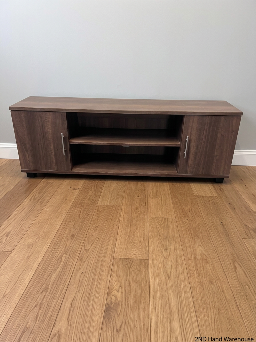 Dark Wood-Look TV Unit with Two Side Cupboards — Fair Condition with Visible Wear