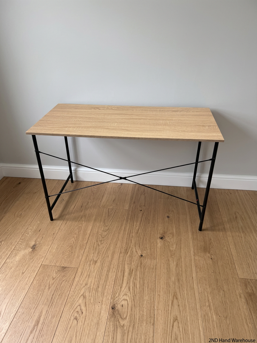 Light Brown Minimalist Writing Desk with Metal Frame — Good Working Order