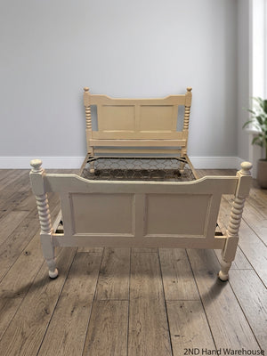 Vintage Style Cream Double Bed Frame with Spindle Posts — Fair Condition with Aged Finish and Base Patina