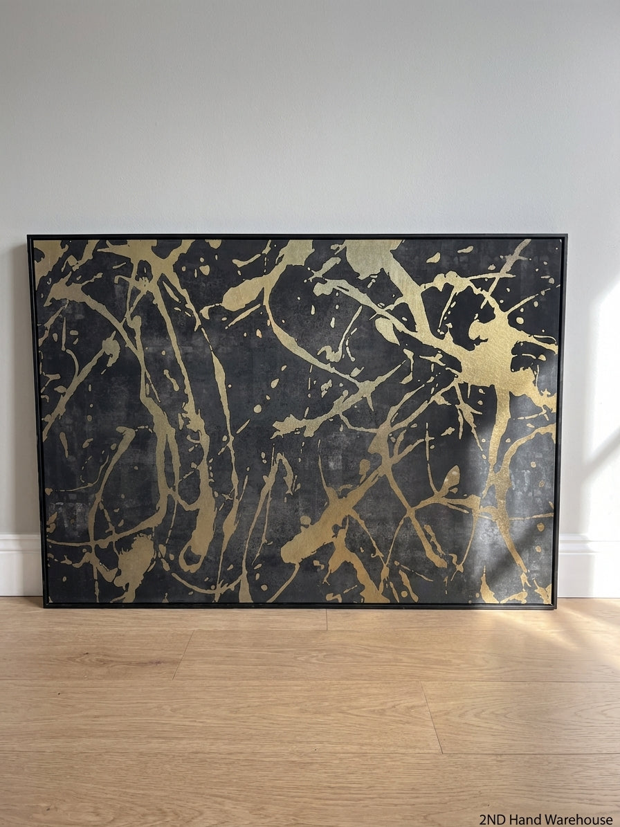 Large Contemporary Abstract Metallic Splatter Art in Black Frame 140 x 100cm